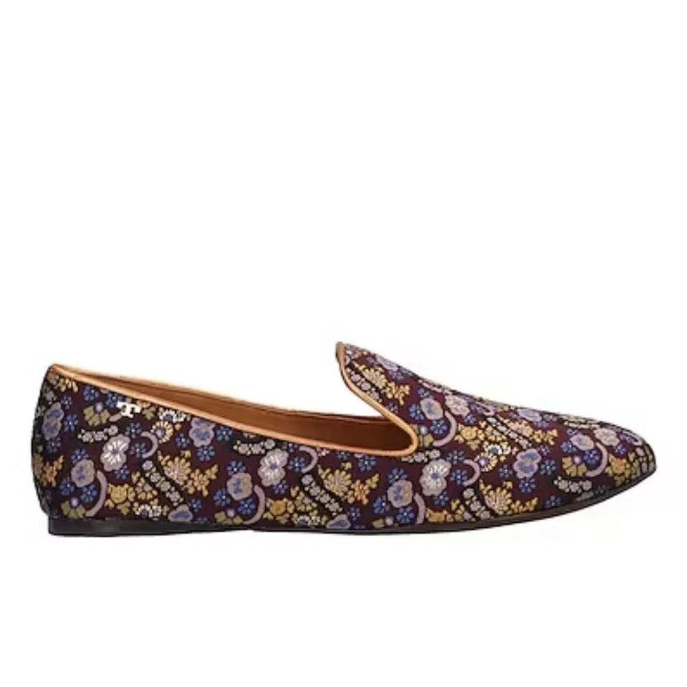 Tory Burch Jacquard Smoking Slipper Loafer Plum Gold Floral Size 7 NIB - Picture 2 of 11